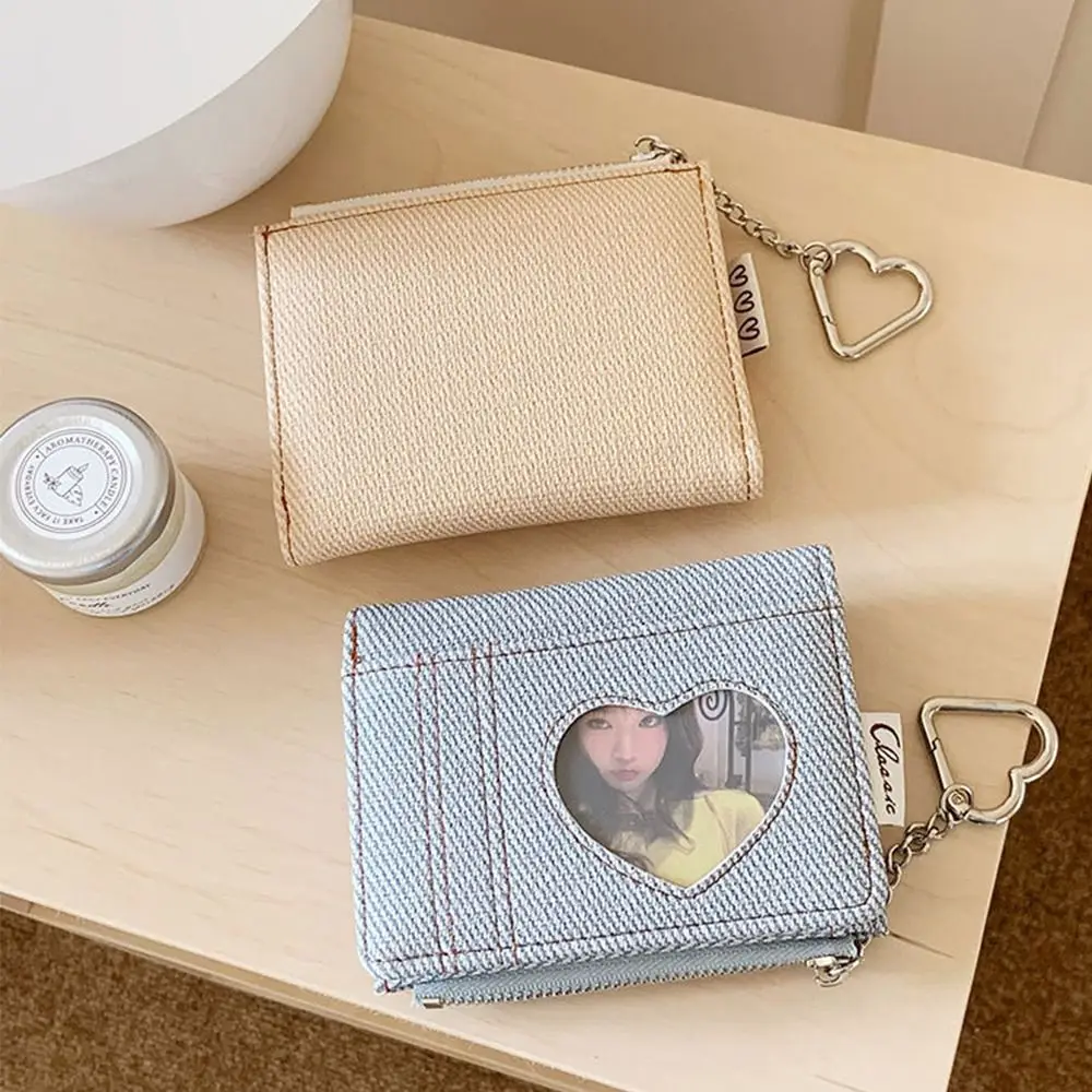 Gifts PU Short Wallet Metal Chain Snap Closure Women Wallets Heart Window Bag Accessories
