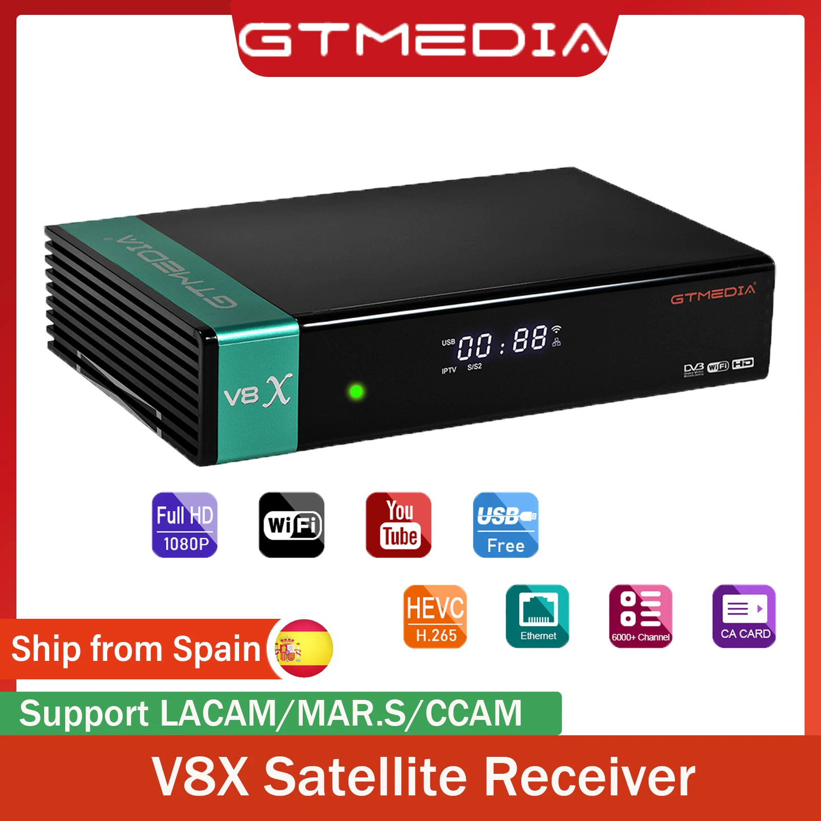 กล่องรับสัญญาณดาวเทียม GTMEDIA V8X รองรับ DVB S/S2/S2X ความละเอียด 1080P HD พร้อม WiFi 2.4G ในตัว ช่องใส่การ์ด CA กล่องรับสัญญาณอัจฉริยะ รองรับภาษาสเปน