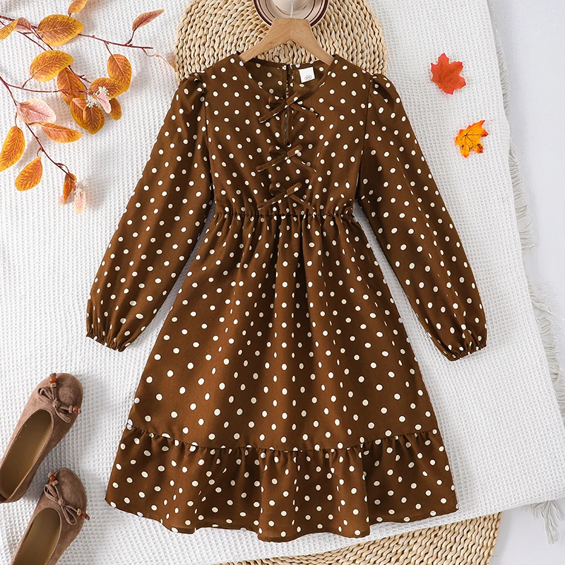 Retro-Freizeitkleid mit Punktemuster für Teenager-Mädchen, Rundhalsausschnitt, Reißverschluss hinten, Laternenärmel, geraffte Taille, Swing-Midikleid – Detail 2