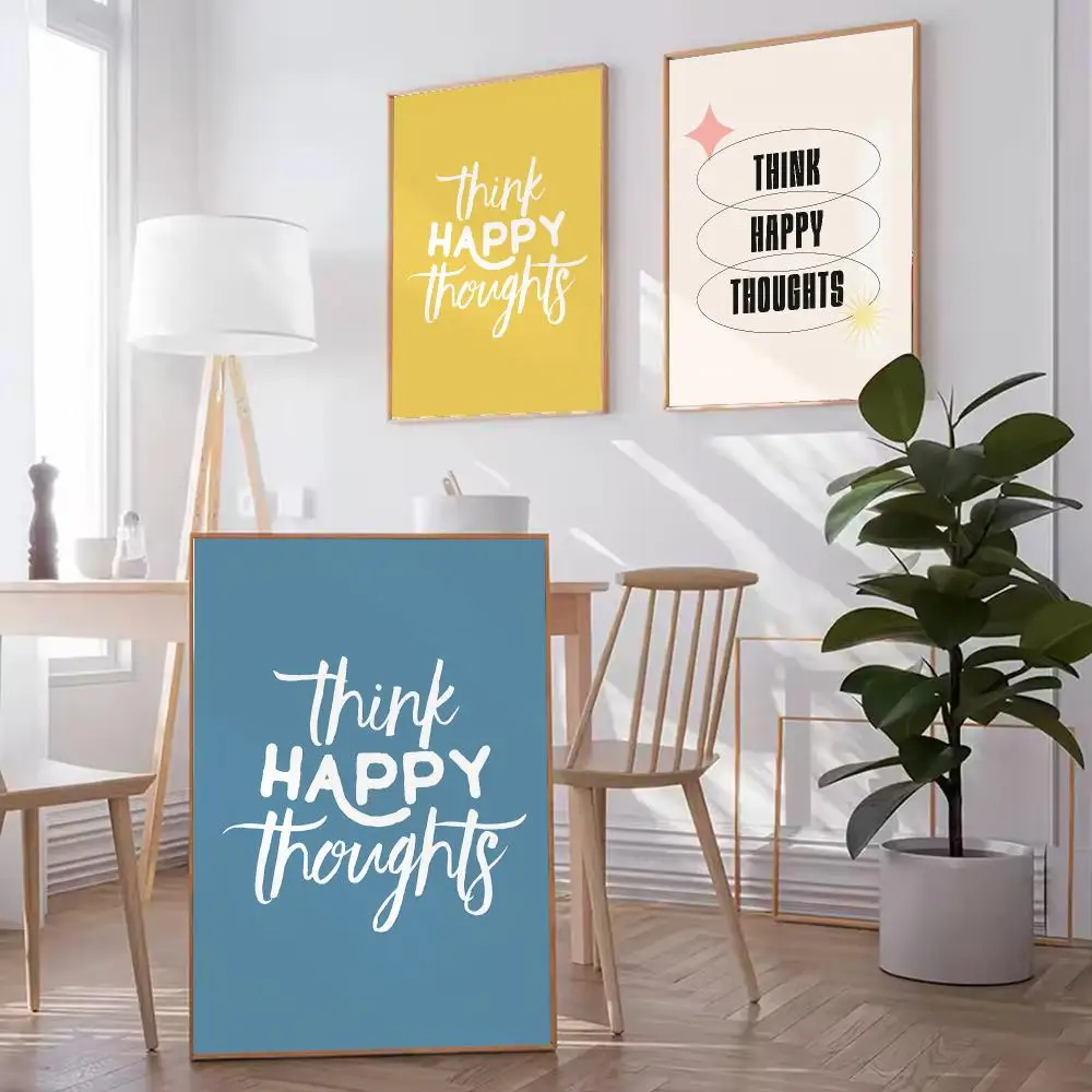 Think Happy Thoughts HD Wall Art Poster Retro Inspirational Quote Positive Dorm Room Bedroom Home Decor Gift