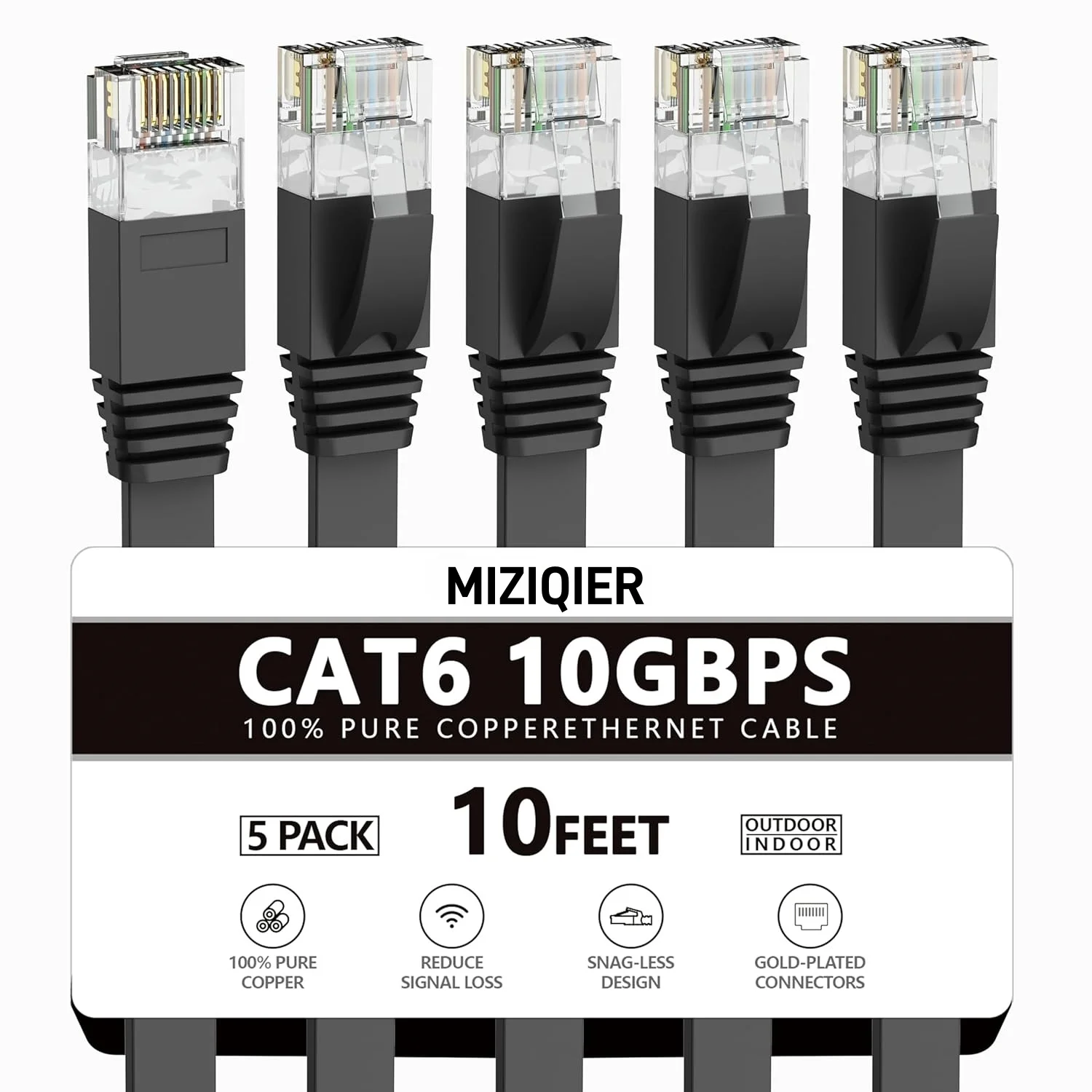 MIZIQIER 5-Pack Cat6 Ethernet Cable,10Gbps Flat Internet Network Cable for Cat5e Cat5 Computer LAN Cable with Snagless RJ45