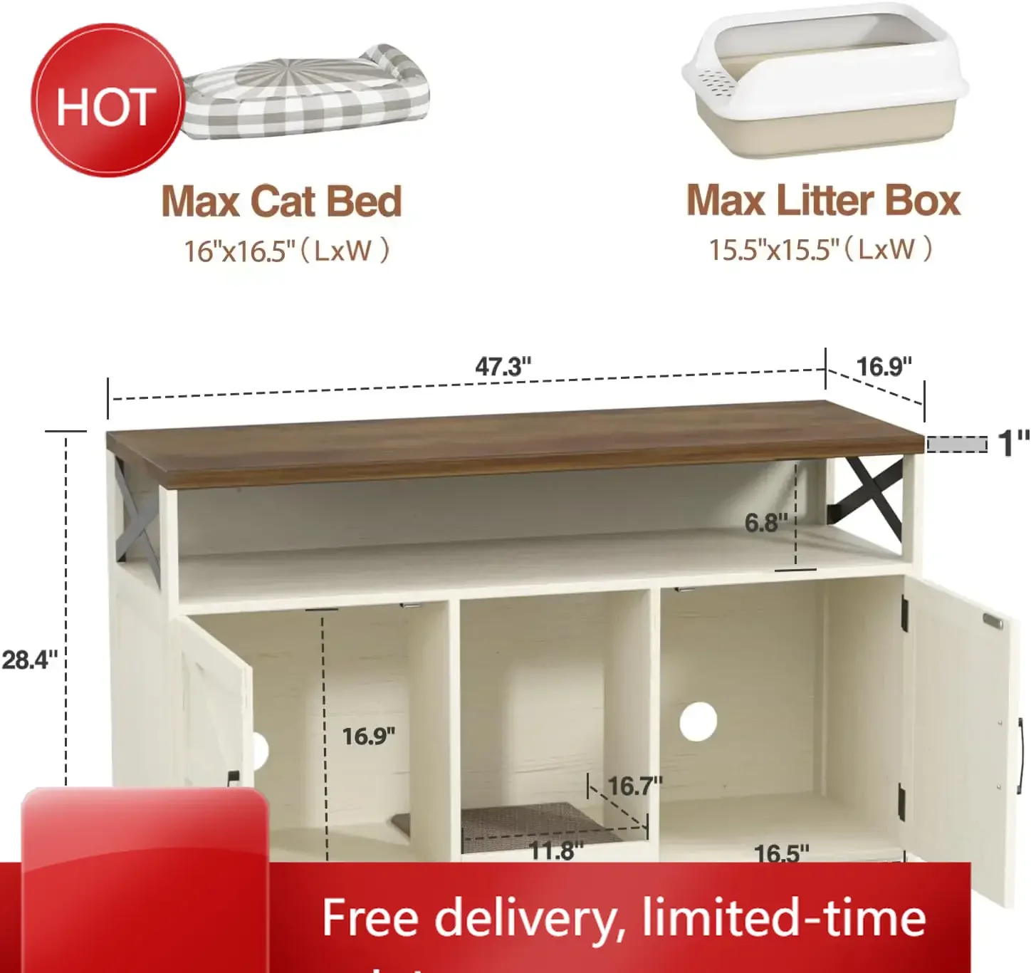

Cat Litter Box Enclosure for 2 Cats, 47" Double Hidden Litter Box Furniture with Scratch Pad