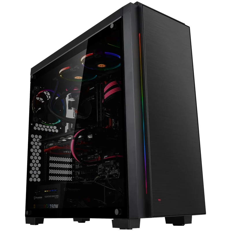 Desktop computer mainframe case under the power supply RGB light strip glass side through