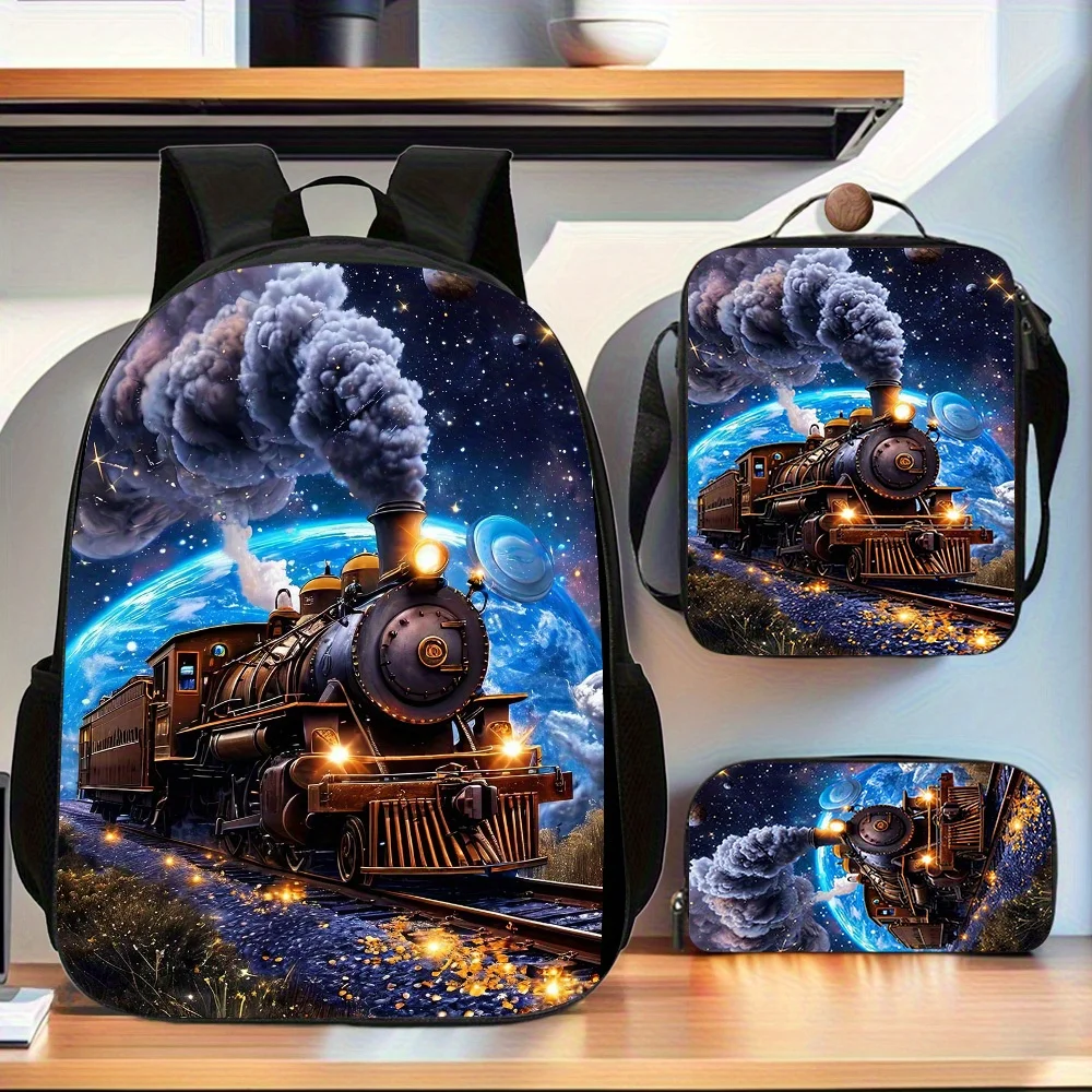 

Train 3pcs Stylish Backpack Collection, Featuring a Backpack, Lunch Bag, And Pencil Case with Adjustable Straps And a Spacious Z