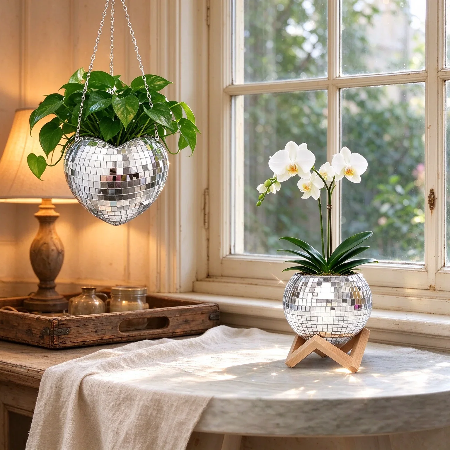 Boho Disco Ball Hanging Planter Basket Mirror Flower Pot Succulent Plant Pot Indoor Home Garden Wall Decor Vase with Chain