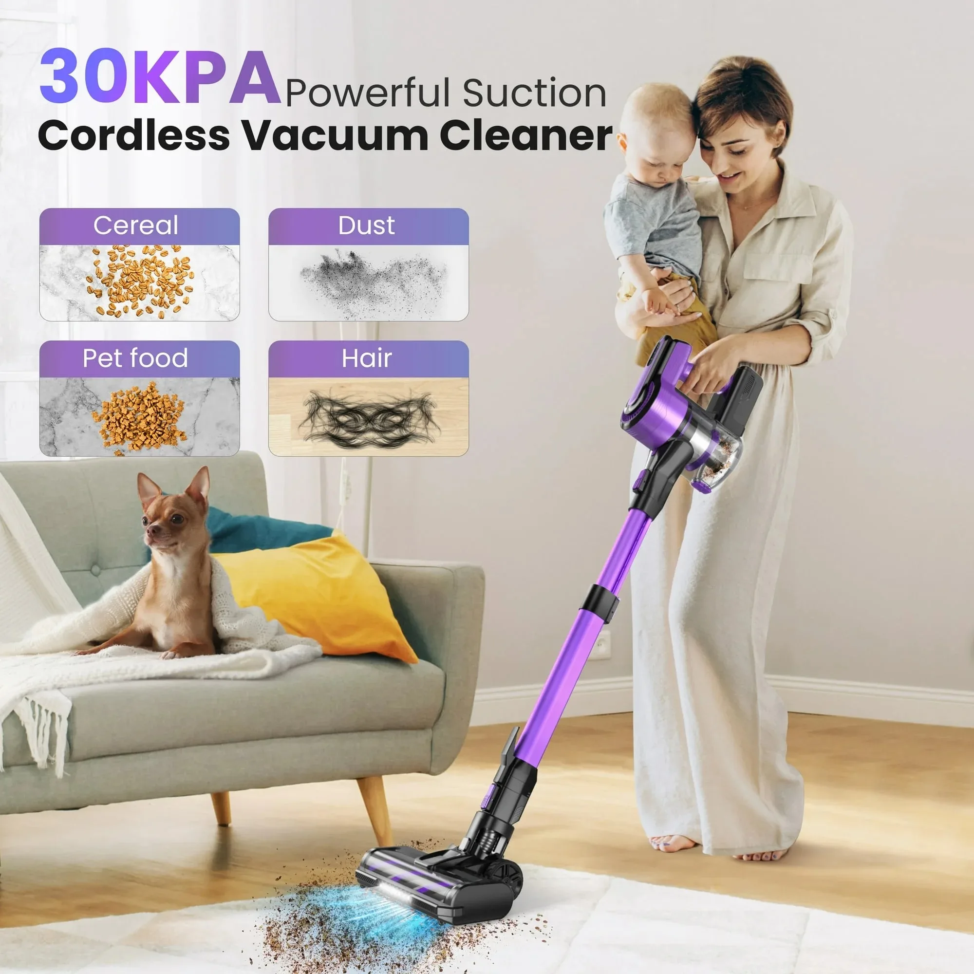 Poweart V870 Cordless Vacuum Cleaner 30KPa 8-in-1 Stick Vacuum up to 45min Runtime for Hardwood Floor Pet Hair Home Car Cleaning