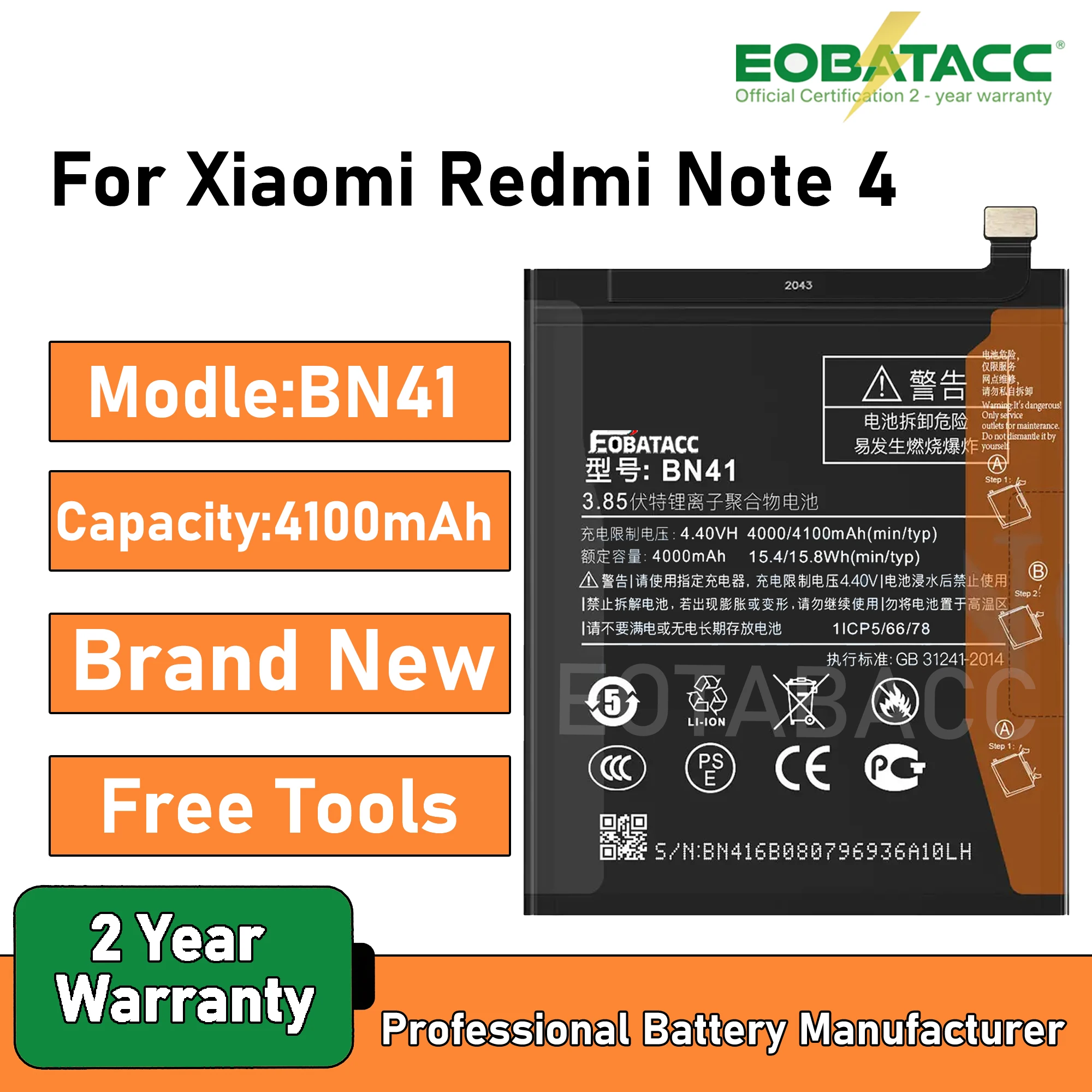 

2025 Years EOBATACC 100% New 4100mAh Mobile Phone Battery BN41 for Xiaomi Redmi Note 4 NT4X + Free Tools