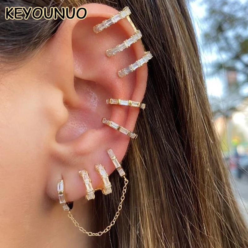 KEYOUNUO Silver Gold Filled CZ Stud Hoop Earrings For Women Zircon Ear Cuffs Chain Tassel Earrings Party Jewelry Wholesale