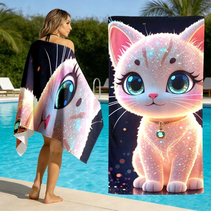 Newest Glitter Cute Pink Cat Print Microfiber Beach Towel Quick Dry Large Summer Beach Towel