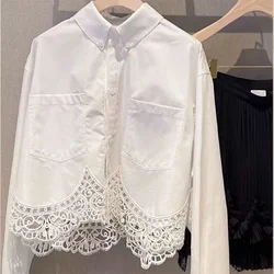 Women Temperament Lace Patchwork Long Sleeves White Shirt Spring Autumn French Style Chic Casual Loose Top Elegant Button Blouse