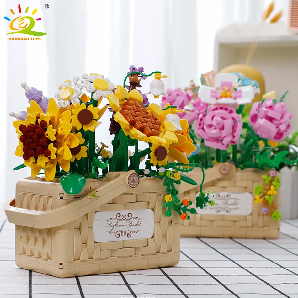 

HUIQIBAO Flower Rose Sunflower Potted Mini Building Blocks 3D Bouquet Model MOC Micro Bricks Children Construction Toys Friend