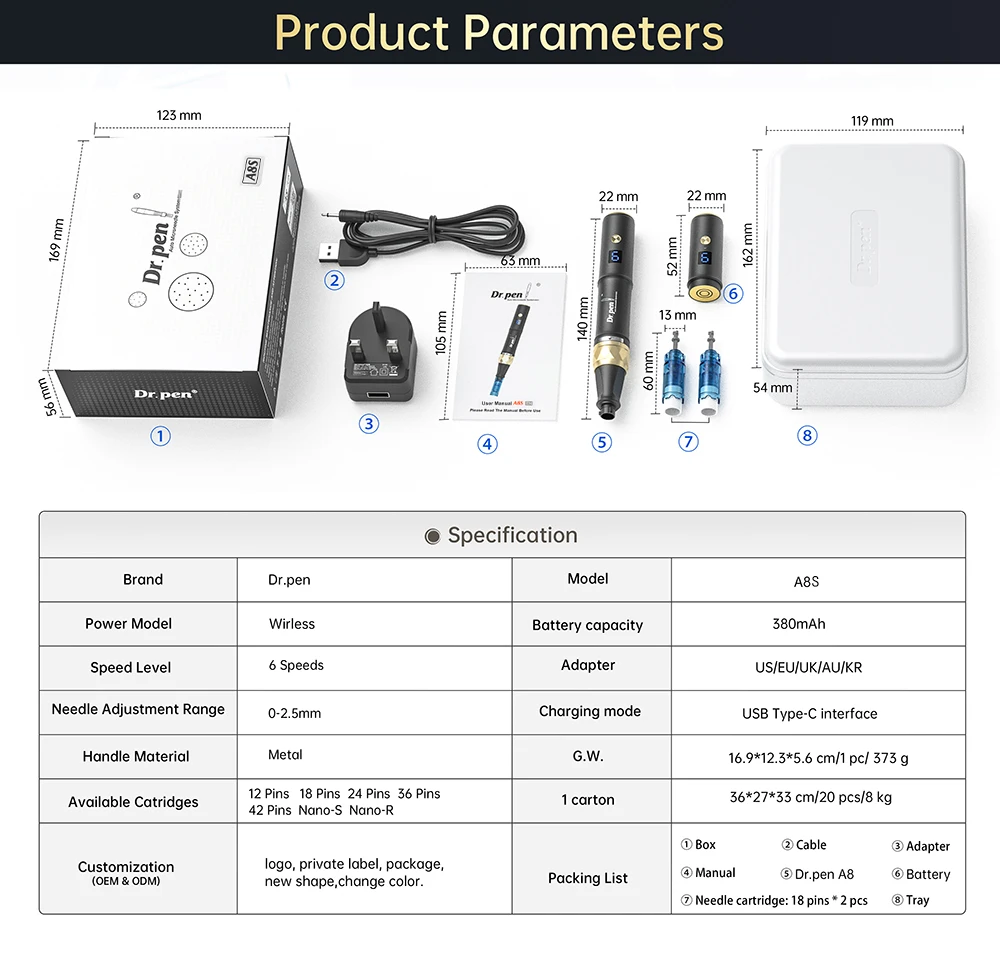 Authentic Dr pen Ultima A8S Microneedling Pen With 10 pcs Needle Skincare Wireless Anti Back Flow Derma Pen Beauty Machine