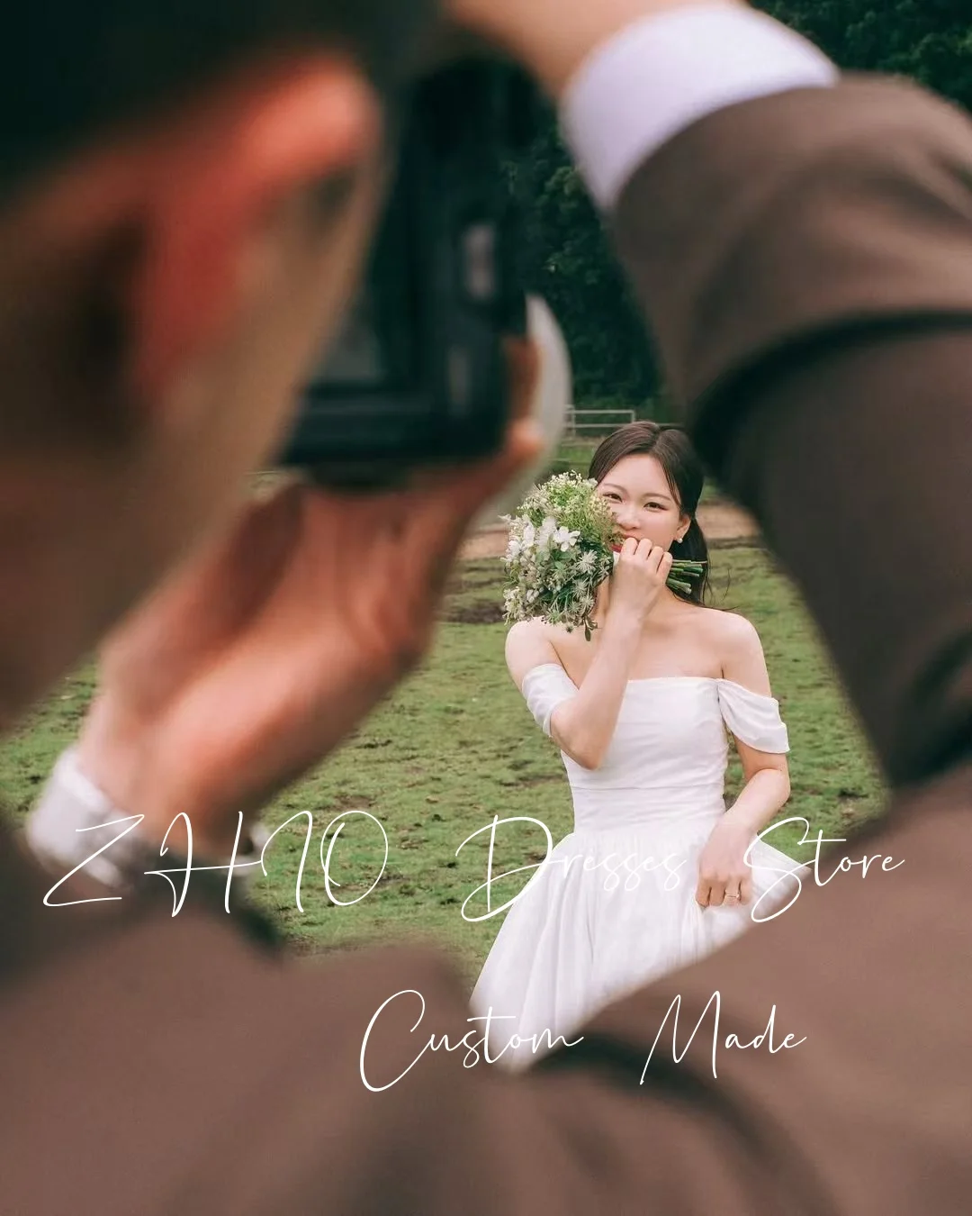 ZHIO Modernes Falten-Hochzeitskleid, schulterfrei, A-Linie, Elfenbein, Seide, Taft, Korea, Fotoshooting, Braut-Empfangskleid, individuell gestaltet