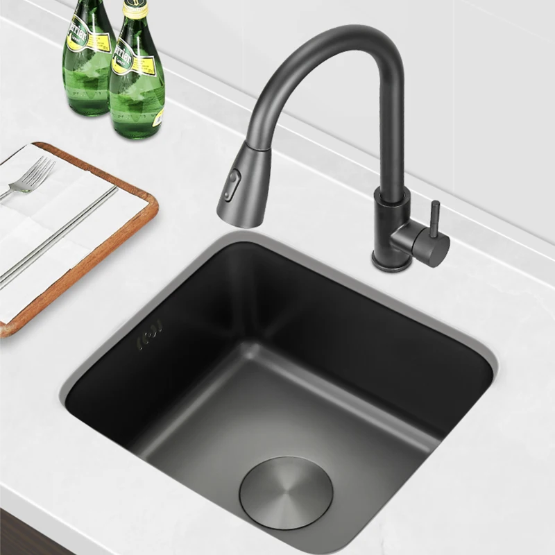 Black Nano Kitchen Sink 304 Stainless Steel Wash Basin Single Bowl Small Kitchen Sink Faucet Drain Accessories For Home Fixture