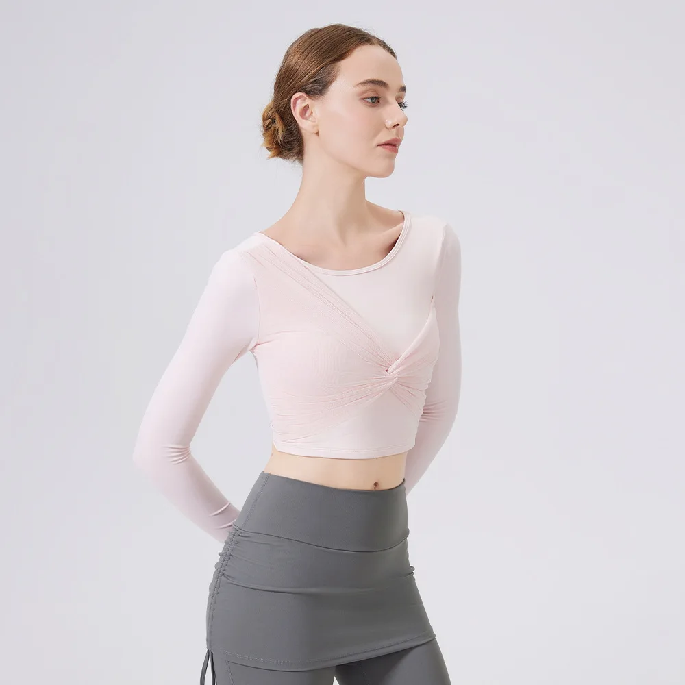 Women's Mesh Knot Sports T-shirt with Long Sleeves And Chest Pads Quick Drying Slimming Fitness Mesh Top for Active Wear