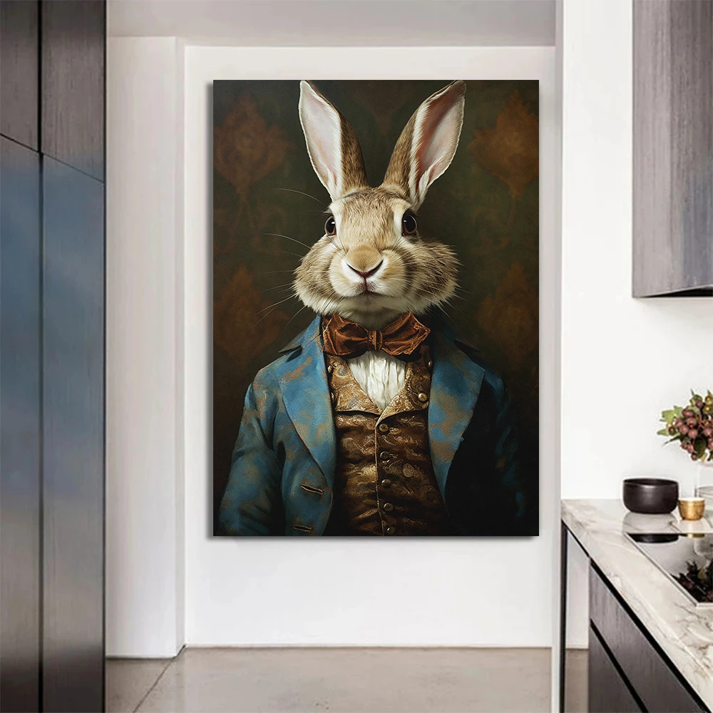 Victorian Animals Cute Bunny Hare Canvas Painting Vintage Renaissance Animal Head Human Body Poster Print Wall Kids Home Decor