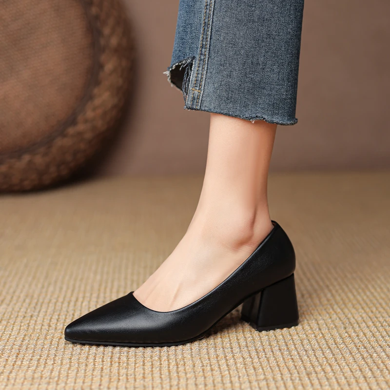 

New Fashion Spring Autumn French Style Black High Heels Women Rough Heel Fresh Bare Color Professional Sharp Head Single Shoes