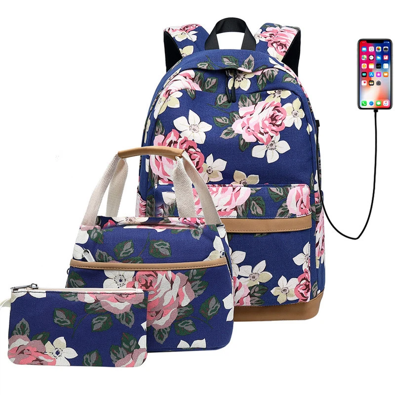 Sac à dos d'école en toile avec chargeur USB pour filles, 3 pièces/ensemble, sac d'école à la mode pour écoliers avec étui à crayons