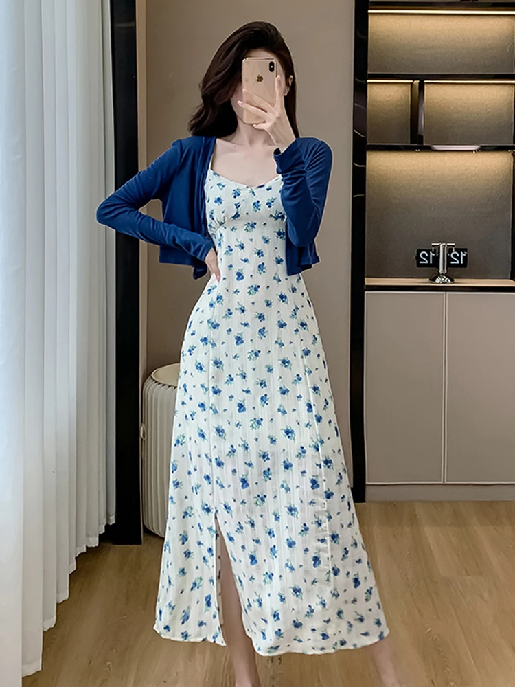 

Fashion Spring Summer Two Piece Set Women Knitting Cardigan Short Top + Spaghetti Strap Flower Printing Dress Elegant Party Suit