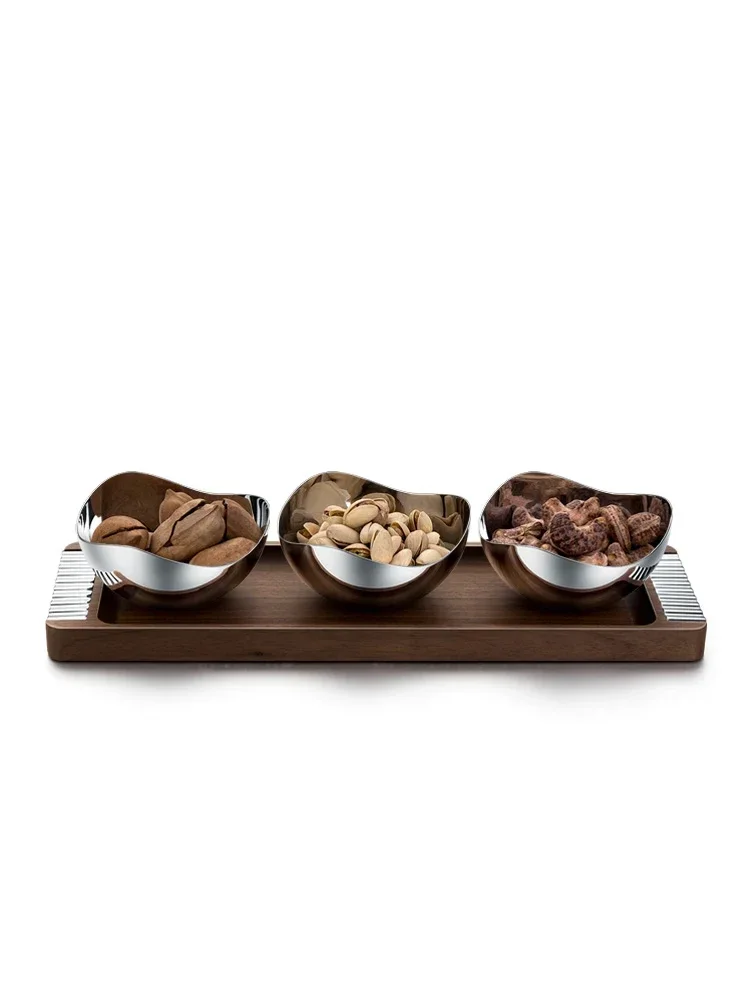 Luxury Stainless Steel Dessert Plate Bernadotte Bowl Designer Small Plates with Walnut Tray for Kitchen Home Decor Party Nordic
