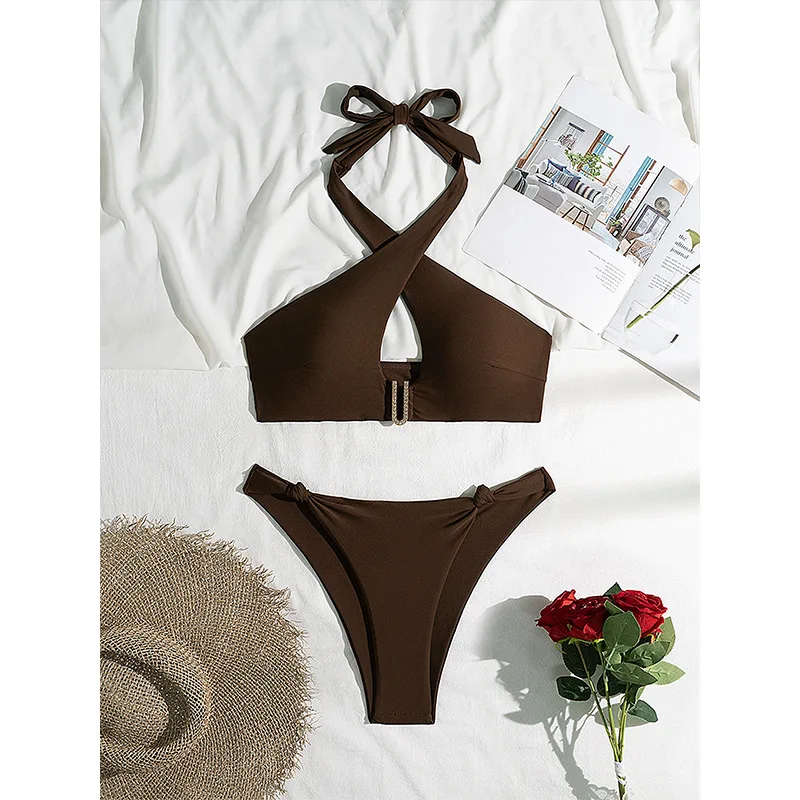 Sexy Brown Thong Bikinis Women Swimsuits Female Swimwear 2025 Criss Cross Bikini Set Bathing Swimming Suits Beachwear Biquini