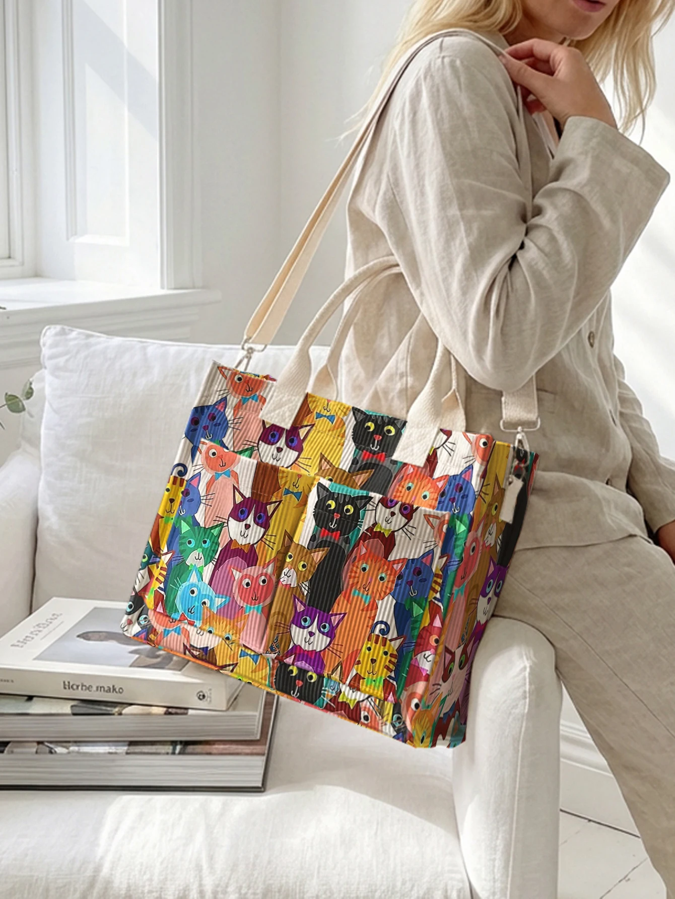 Colorful Cartoon Cats Print Corduroy Tote Bag Large Capacity Multi Pocket Cat Lover Commuter Shoulder Bag