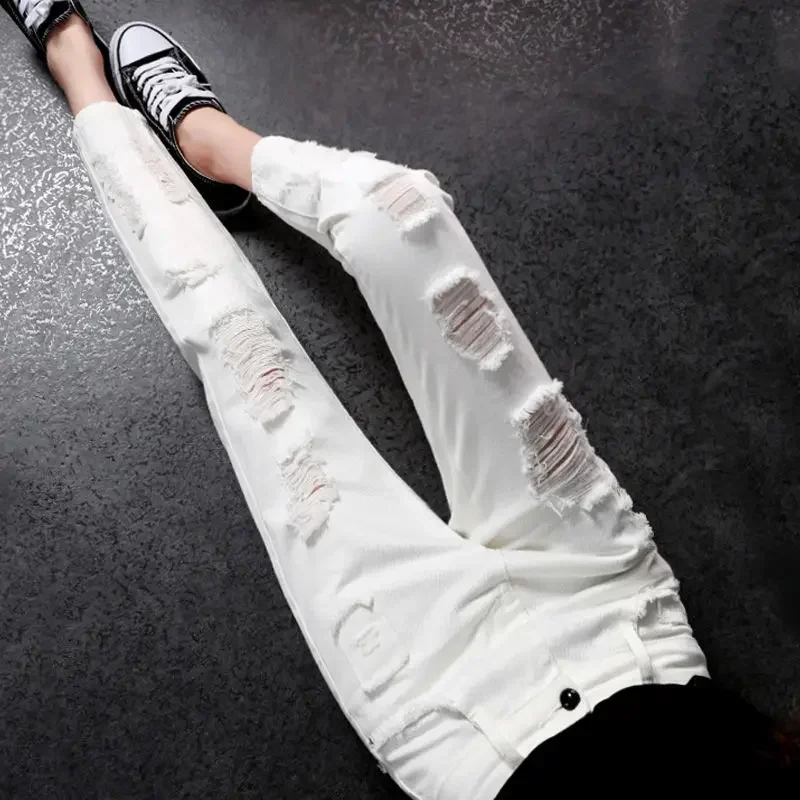 

Woman Jeans Pants White Broken Holes Pants Women's Spring High Waist Pants Pantalones Vaqueros Mujer