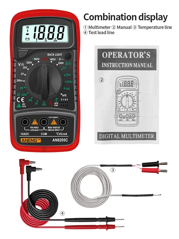ANENG AN8205C Tragbares Digitalmultimeter AC/DC Spannungs-, Strom- und Widerstandsmessgerät mit LCD-Hintergrundbeleuchtung, Datenhaltefunktion, Elektro-Reparaturwerkzeug