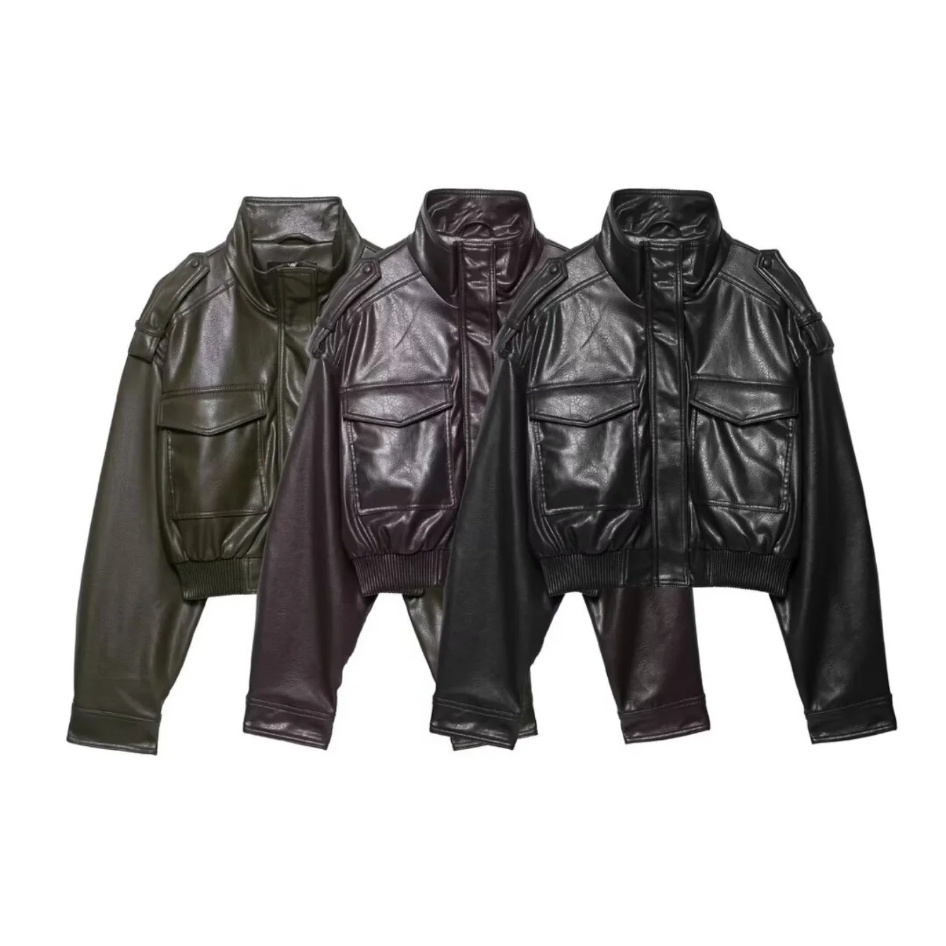 Veste courte en cuir à grandes poches pour femmes, manteau col rabattu, manches longues, fermeture éclair, automne hiver dames, Streetwear décontracté