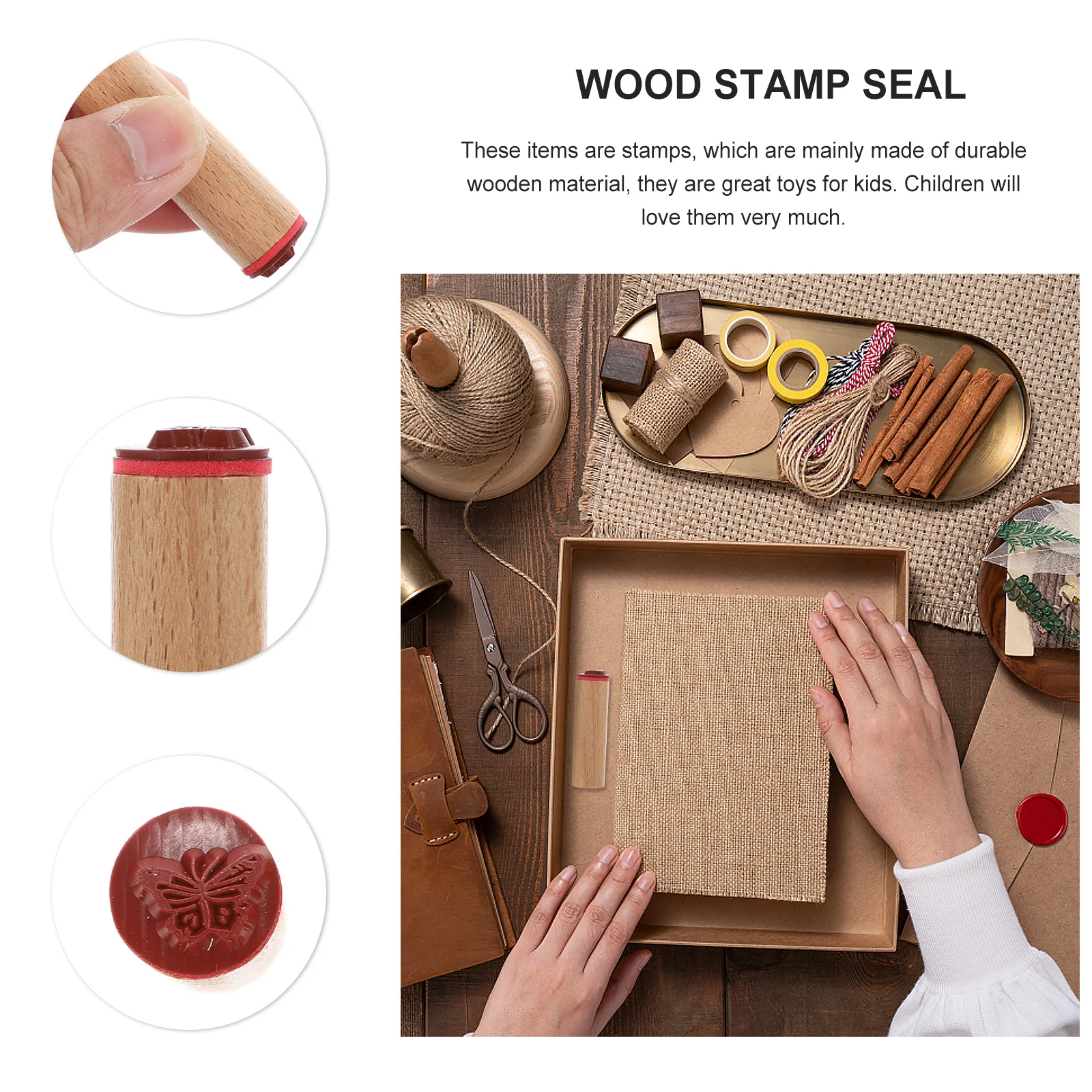 

4Pcs Wooden Stamp Seals for DIY Scrapbooking Craft Cards Journal Planner Decorative Stamping Tools Kids Creative Gifts