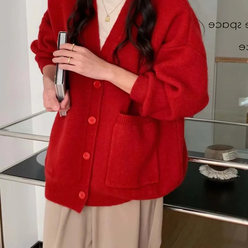 Cream Blue Knitted Cardigan Sweater Jacket Men's And Women's Autumn And Winter Loose And High-end Sense Hong Kong Style Foreign