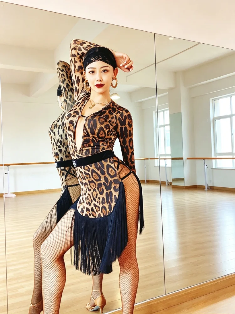 MZDance Latin Dance Leopard Print Fringe Dress, Sexy Deep V & High Slit for ChaCha Salsa Samba Practice Performance Competition