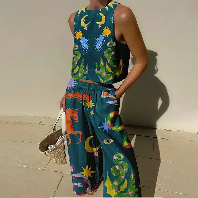 Summer Hawaiian Beach Suit women casual Sleeveless Short Top Loose Pants 2 piece Set Female Fashion Print vocation outfit suit