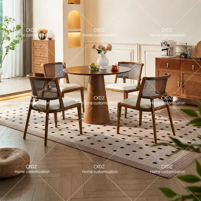 New Chinese Style Rattan Solid Wood Dining Table Set Modern Simple Wabi Sabi Round Table with Soft Upholstered Backrest