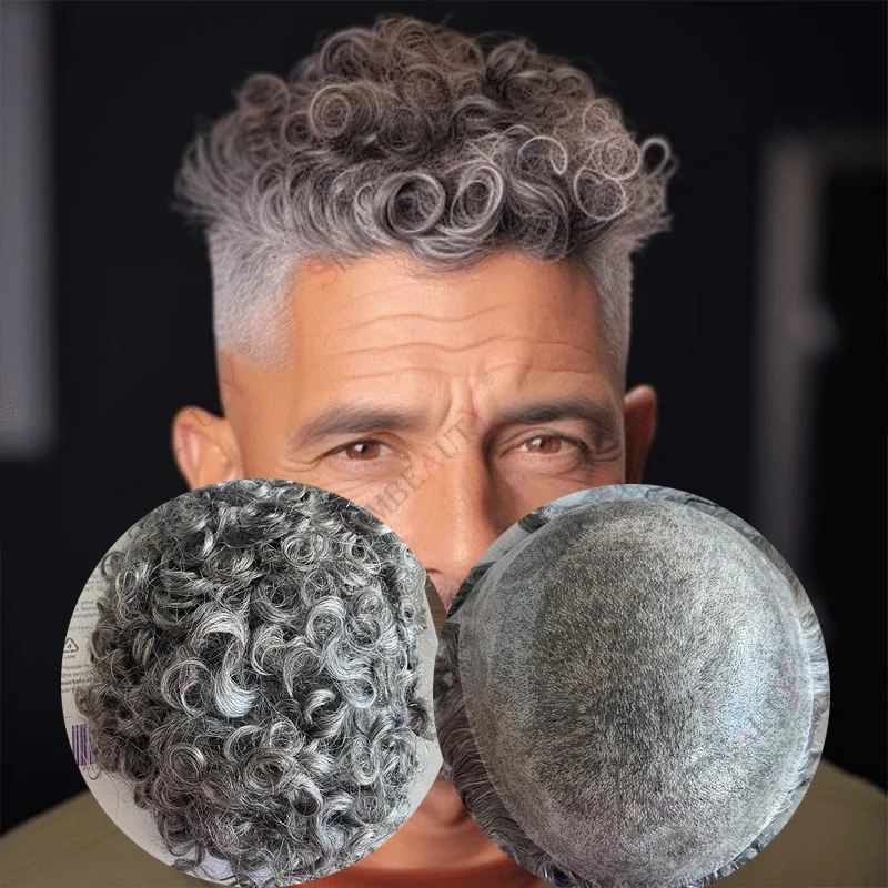 

1b65 Серый Черный 18 мм Афро Вьющиеся Натуральные Волосы Прочный Супер Тонкий 0,06 мм Кожа Невидимый Мужской Парик Настоящий Протез Человеческих Волос