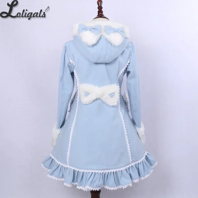 Women\'s Winter Single Breasted Coat Lovely Cat Ear Lolita Hooded Light Blue Warm Long Coat