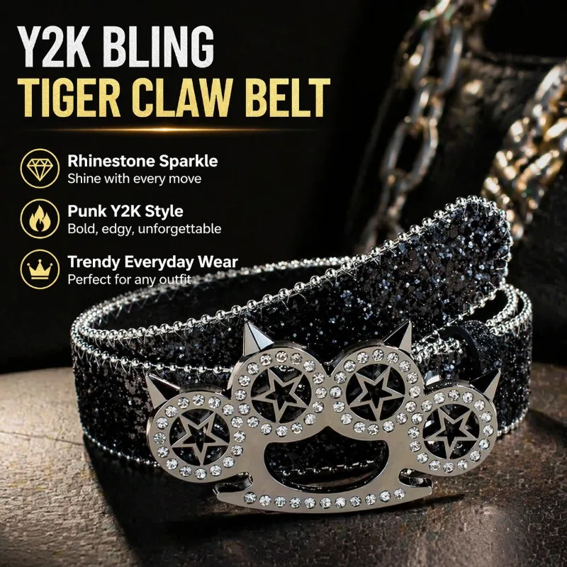 Y2K Rhinestone Belt Punk Knuckle Buckle Diamond Waist Band Luxury Gothic Bling Belts for Women Men Streetwear Party Accessory