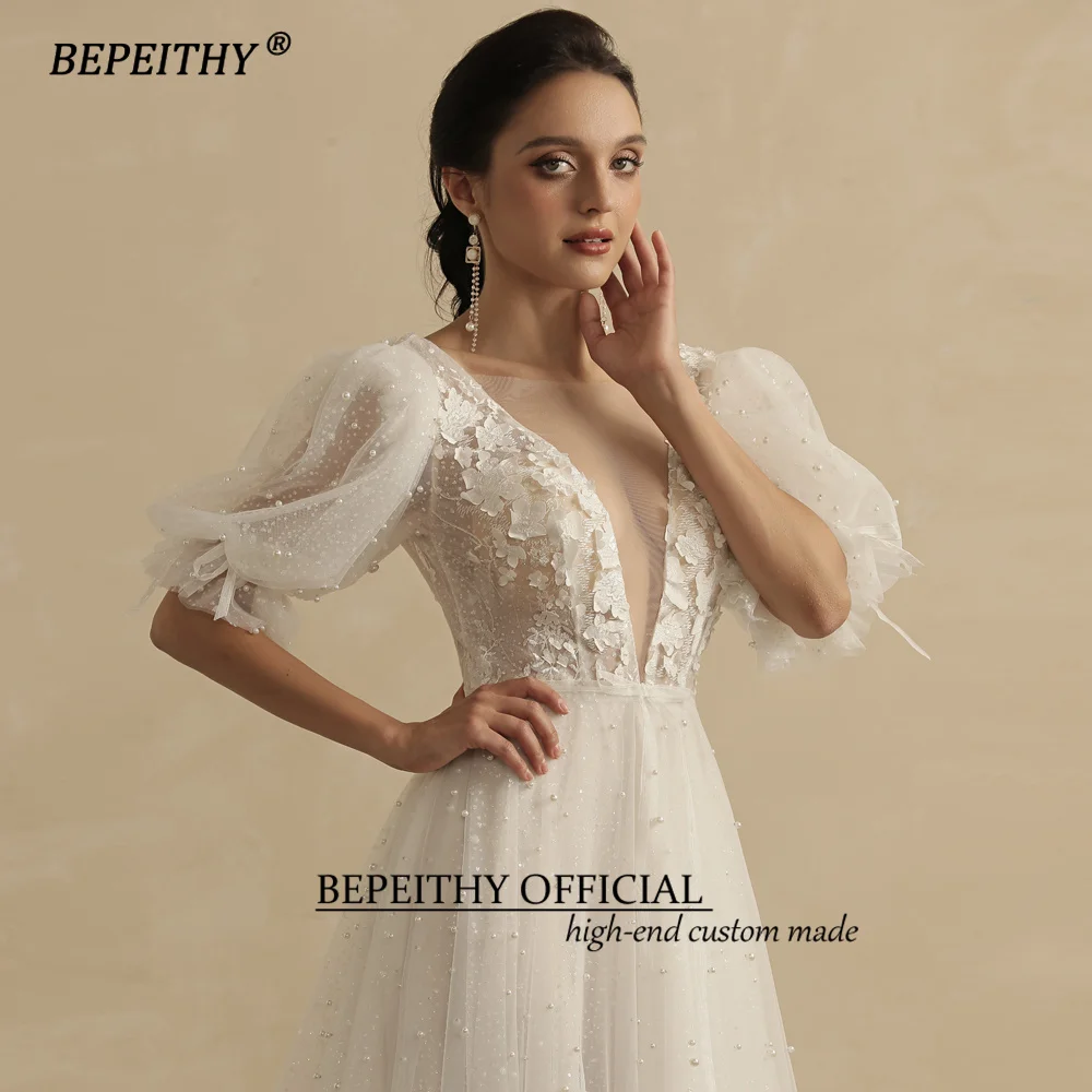 Bepeithy personalizado imagem real vestidos de casamento para as mulheres 2023 noiva pérolas meia mangas praia boho vestido de festa de noiva aberto volta