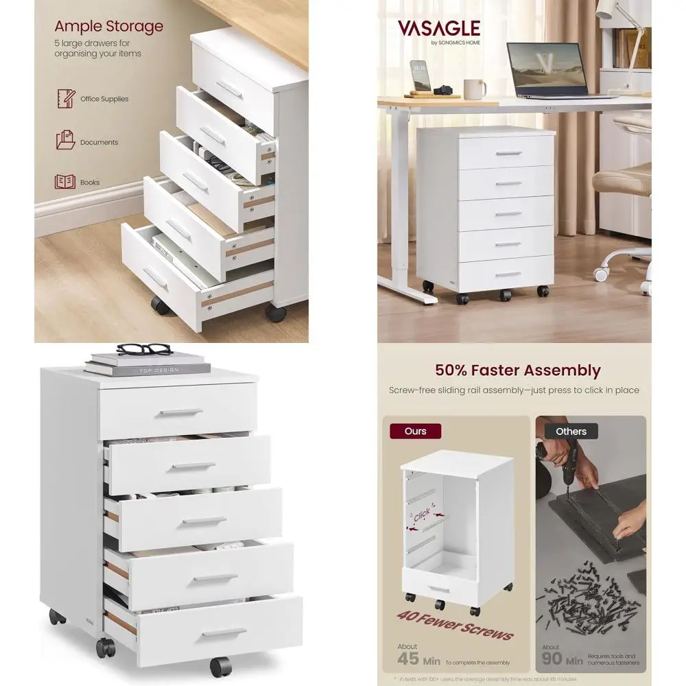 

Mobile Pedestal Filing Cabinet with Wheels, 5 Drawer Printer Stand, Tool-Free Sliding Rails, Ideal for Study or Home Office, Clo