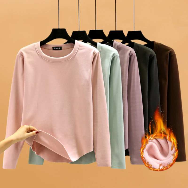 

Утепленная флисовая повседневная базовая футболка с длинным рукавом для женщин, осенне-зимняя теплая внутренняя одежда в корейском стиле, топ с круглым вырезом