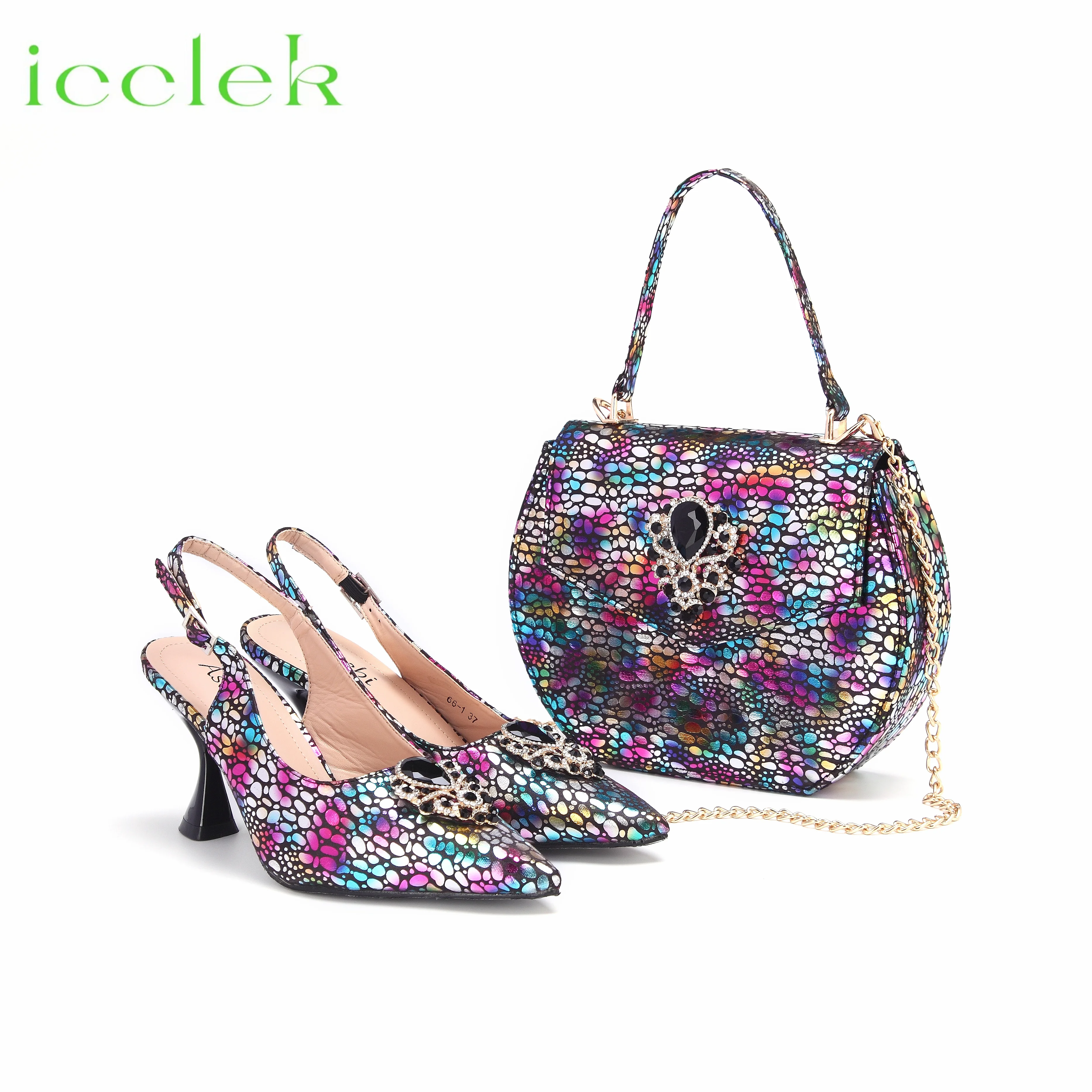 

New Fashionable Pointed Toe Decorated with Bling Rhinestones Design Shoes Matching Bag Set in Black Color For Party