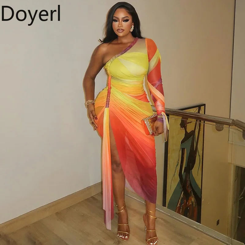 Doyerl One Shoulder Mesh Bodycon Dresses Women Night Club Party Long Sleeve Drawstring Ruched Asymmetrical Side Split Long Dress