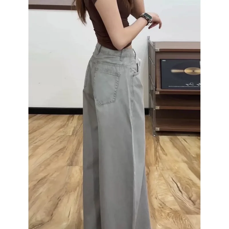 American Retro Gray Denim Jeans Women Autumn New High Waist Loose Straight Wide Leg Trousers Casual Versatile Long Pants