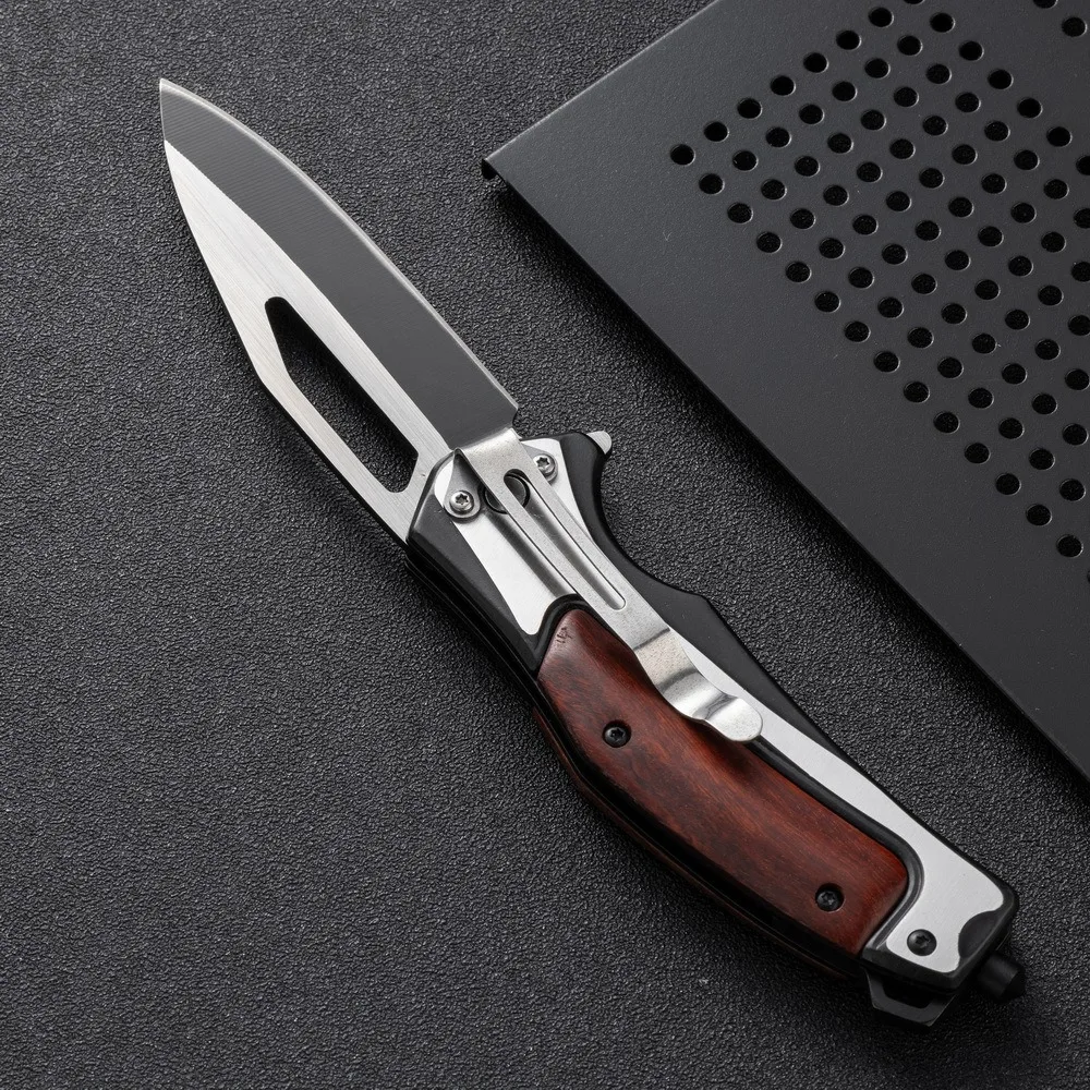 Outdoor Folding Knife with Wooden Handle, Multi-function Pocket Knife, Camping Survival Knife, Field Self-Defense Knife