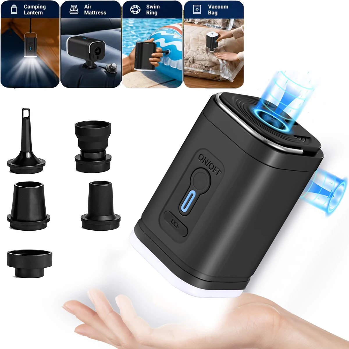 Portable Mini Air Pump Electric Inflator Deflator with Camping Lantern Light 5 Nozzles for Air Mattress Swimming Ring Vacuum Bag