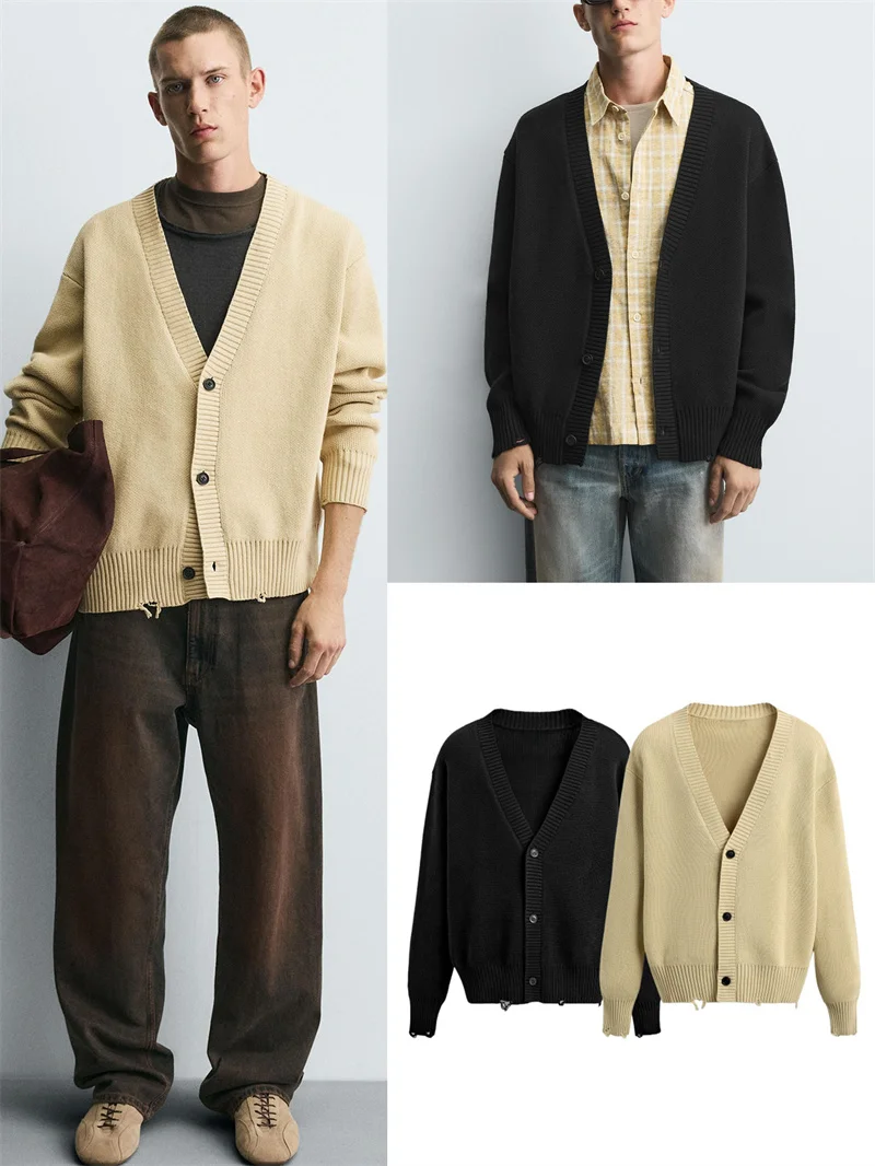 

Модный вязаный кардиган V-Ne Long Sve Hole Design, открытый кардиган, свободный крой, городский сарафан, весна-осень, Новое поступление, мужской трикотаж