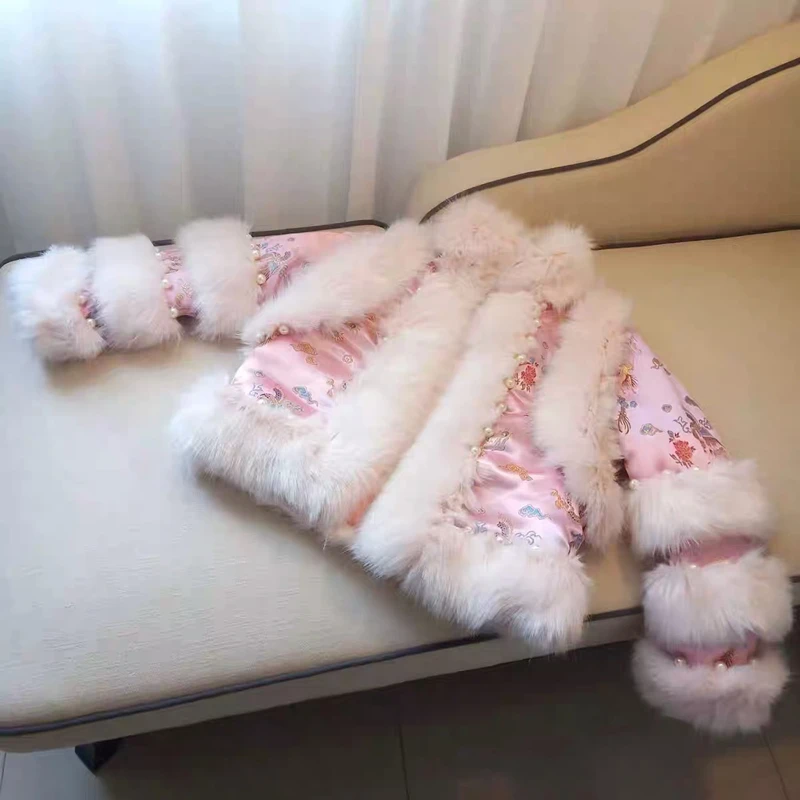 Fashion Young Beaded Cotton-Padded Coat Female Autumn Winter New Retro Beaded Short Faux Fox Fur Fur Coat for Women