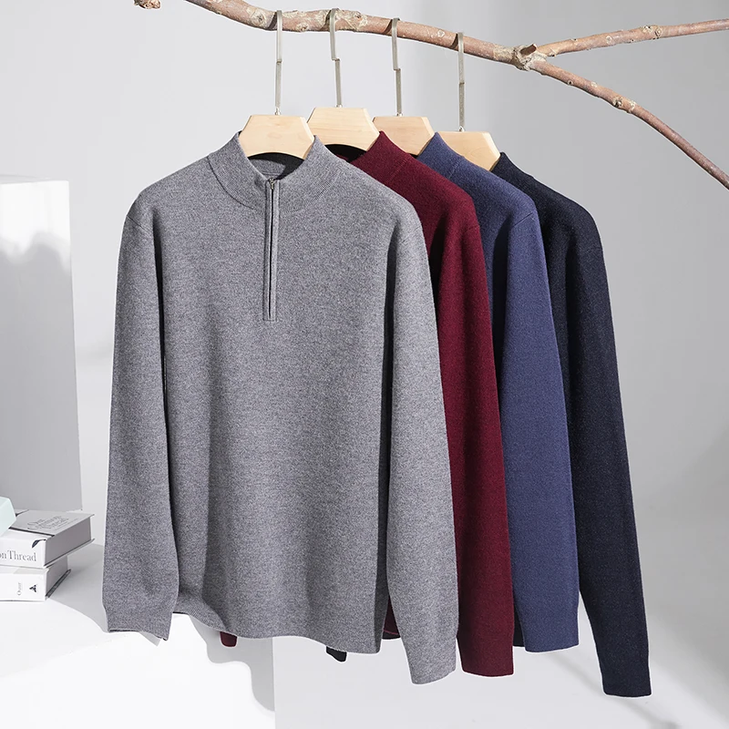 

Мужской джемпер из 100% плотной камвольной шерсти, зима 2025 года, классический свитер с воротником-стойкой, топы из овечьей шерсти с длинными рукавами, пуловер, одежда на молнии