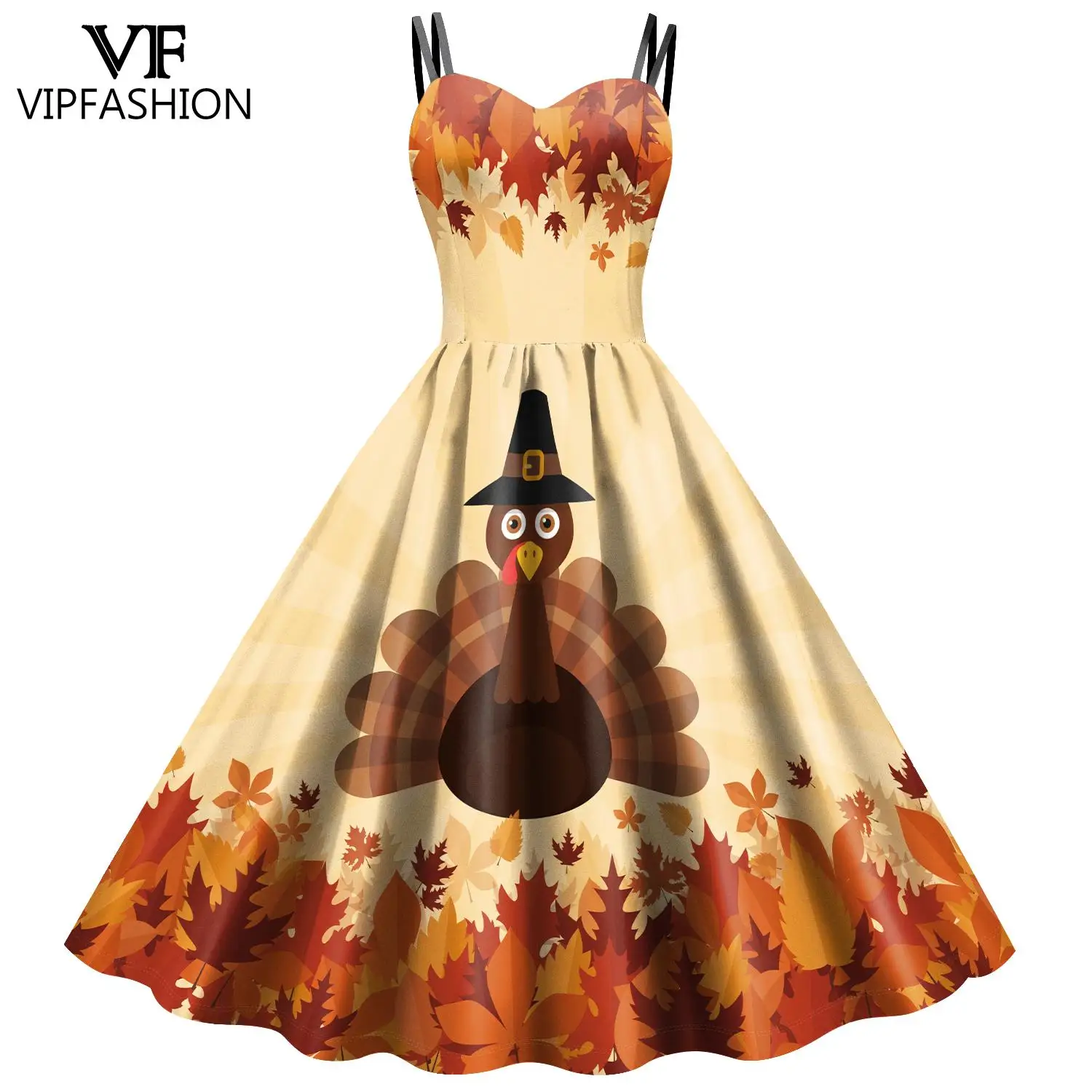 VIP FASHION Thanksgiving Day Women Dress Sleeveless Slip Dresses Turkey Print Party Outfit Holiday Cosplay Costume Sexy Clothes