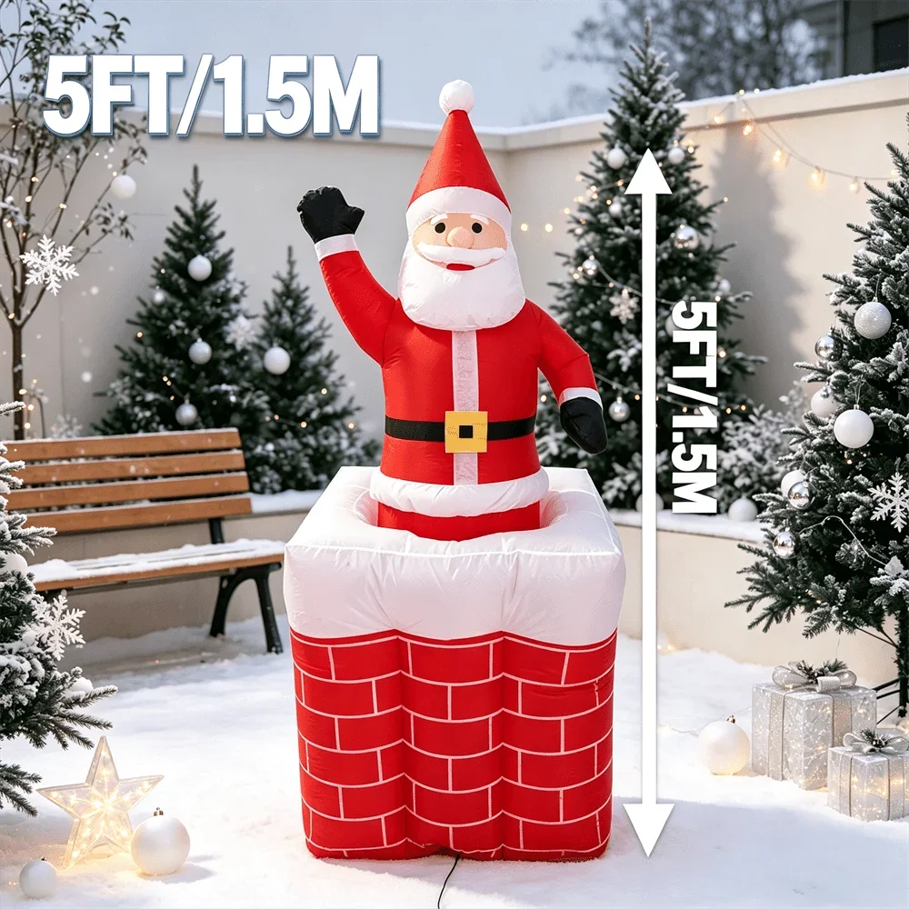 Inflatable Model Toy 5FT/1.5M Waving Santa Pop Out From Red Brick Chimney LED Light Up Winter Holiday Garden Decor